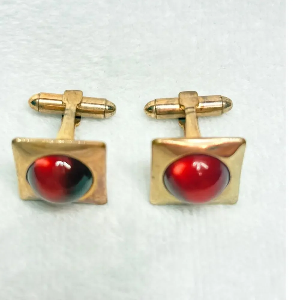Vintage Pioneer Gold‑Tone Cufflinks with Ruby Thermoset Domes, 1960s–70s